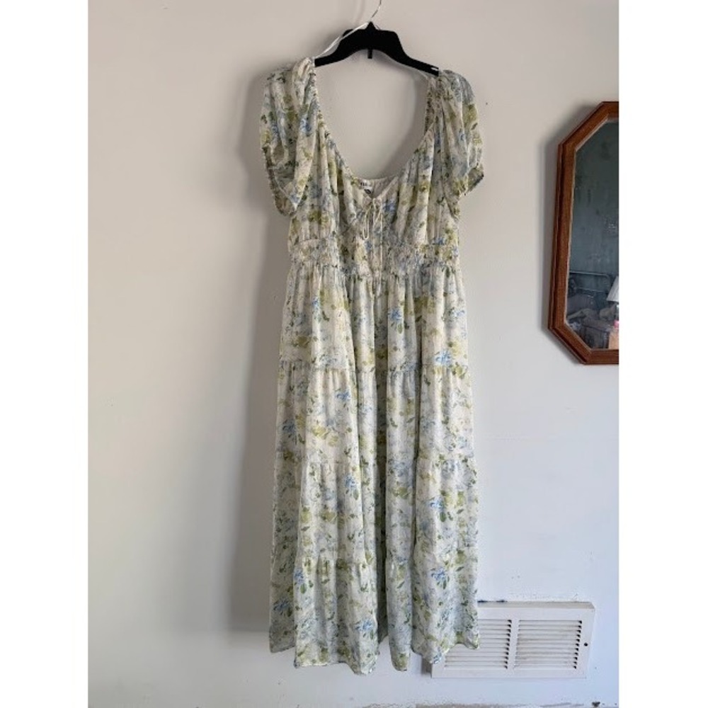 Cottagecore Arula Midi Dress Womens B White Blue Floral Smocked Tiered Romantic